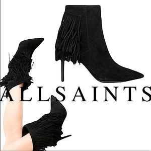 NWT All Saints Xandra Fringe Black Nubuck Suede Zip Bootie